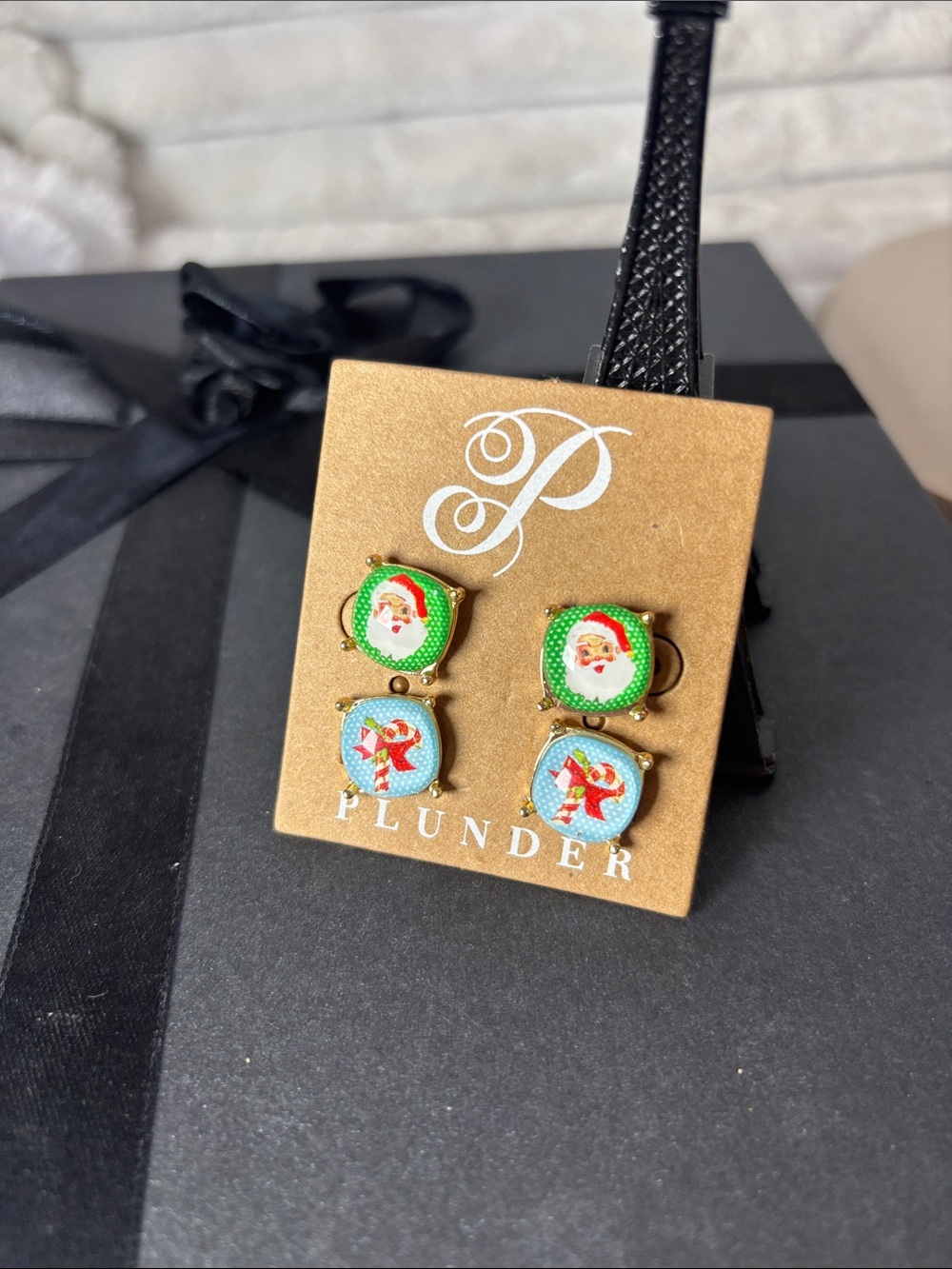 Plunder Green and Light Blue Santa & Candy Holiday Earrings Set - Picture 2 of 3